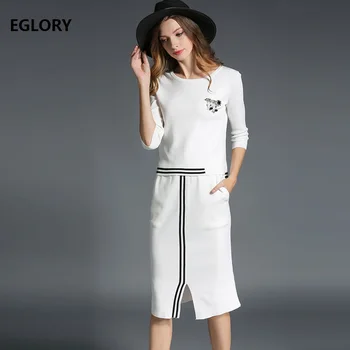 

High Quality Women Sweater Suits 2019 Autumn Set Ladies Beading Knitted Pullover+Mid-Calf Knit Skirt Set Casual Knitwear Female