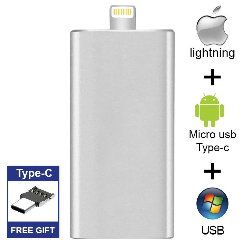 Бесплатный адаптер type-C, флешка для iPhone/iPad, USB флеш-накопитель Lightning, USB 3,0, Фотокарта, 256 ГБ, 128 ГБ, 64 ГБ, 32 ГБ, 16 ГБ, 512 ГБ