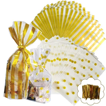 

100PCS Gold OPP Bags with Twist Ties for Cookie, Bakery, Candy, Sweet, Cup Cake and Snacks Durable Cello Treat Bags Transparent
