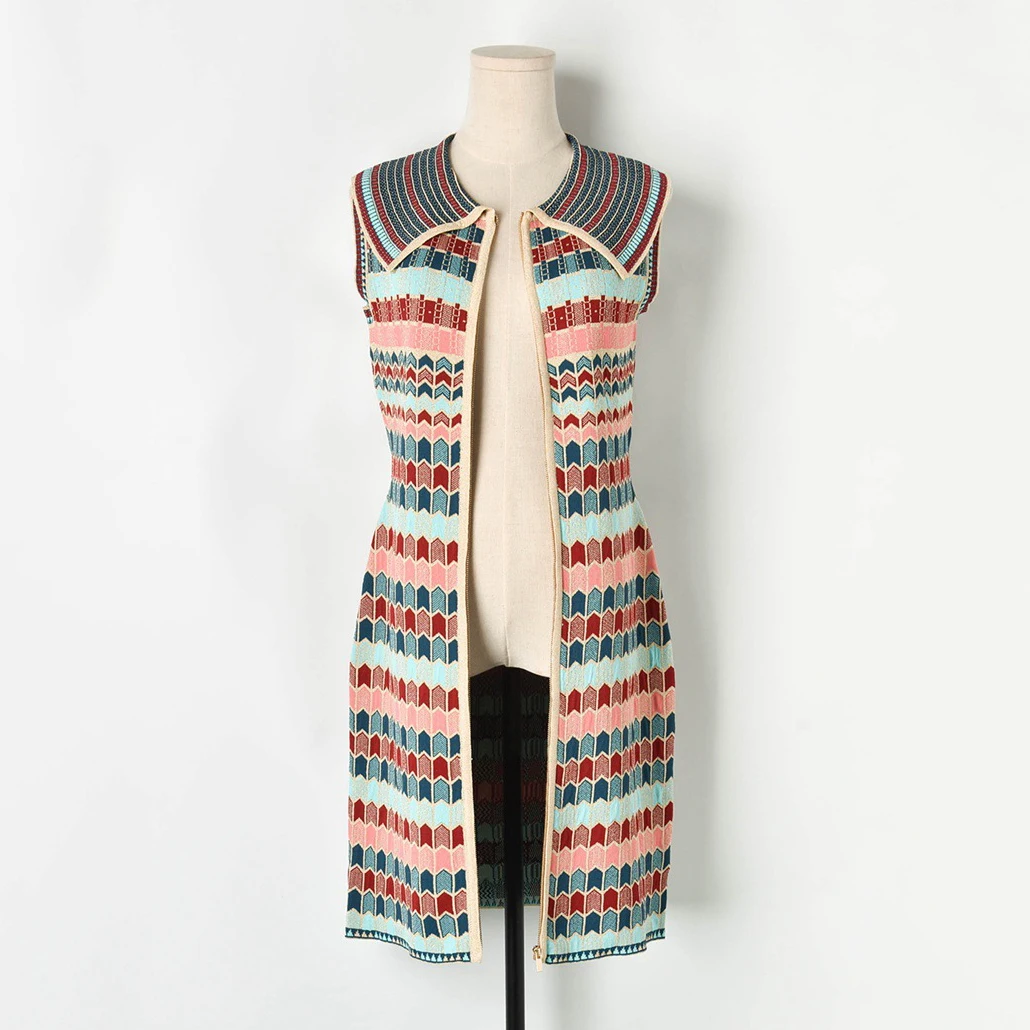 Sleeveless Sweater Dress Knitted Vintage Cardigan Turndown Collar Elegant Korean Autumn Striped Plaid Midi Knitted Women Dress