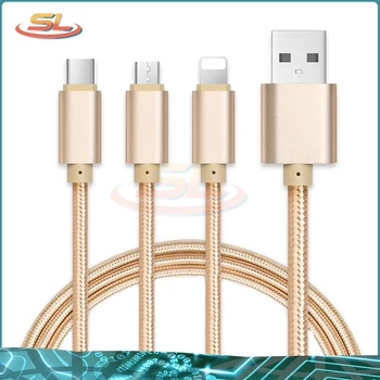 

3 in 1 Nylon Braided Multiple USB Fast Charger Cord 3 (Gold)