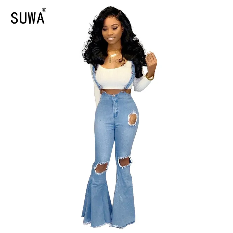 Women Suspender Trousers Hot Sale 5 Size Light Blue Casual Flare Pants Fashion Hole Full Length Boot cut Pants HSF2093G