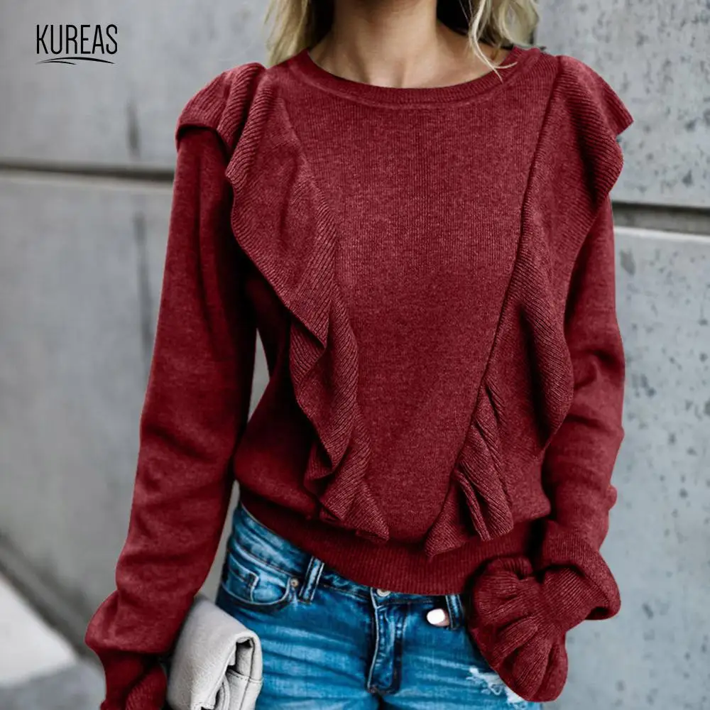 

Kureas Women Sweater Winter Autumn Pullovers Ruffles Flare Sleeve Tops Turtleneck Loose Casual