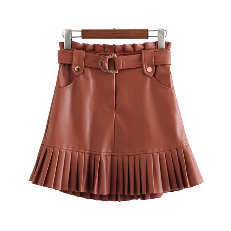 women chic PU leather skirt women ruffles skirt bow tie sashes pockets zipper pleated skirt female mini skirts mujer - Цвет: Коричневый