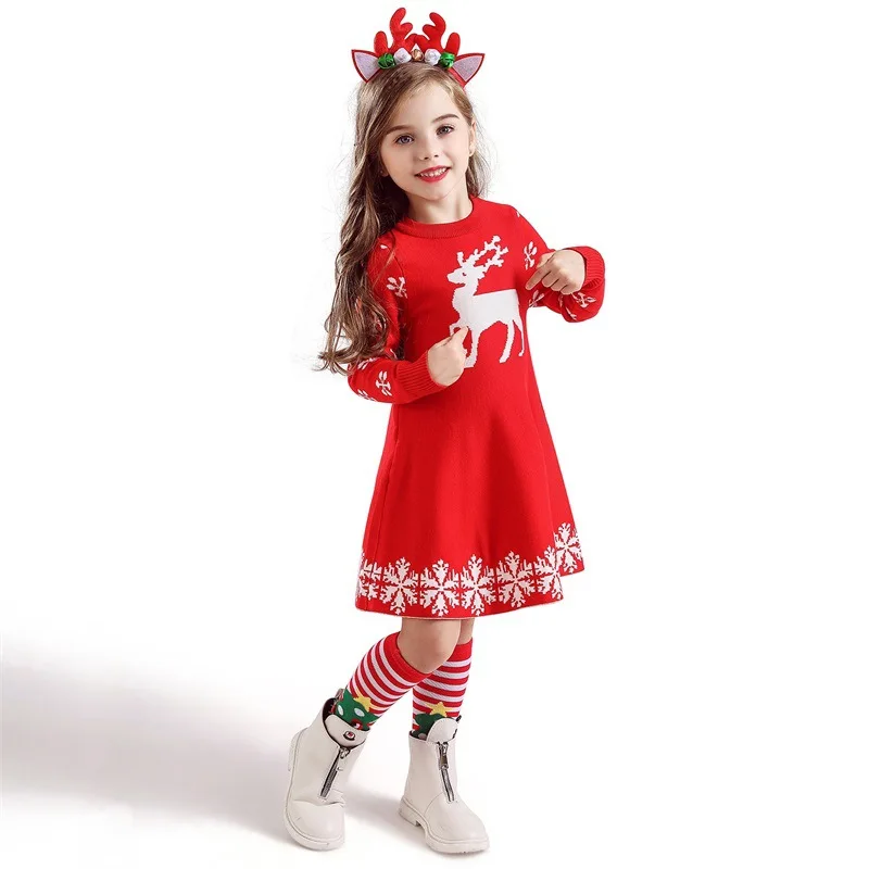 

New Year Girl Knitted Dress Autumn Winter Red Blue Fawn Little Girl Princess Dress Child Cotton Warm Christmas Dress