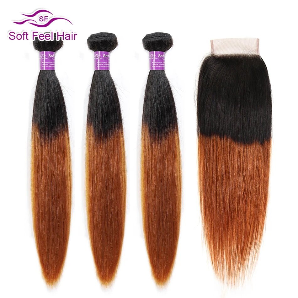 

Soft Feel Hair T1B/30 Ombre Malaysian Straight Hair Bundles With Closure Brown Human Hair 3 Bundles With Closure Remy Extensions