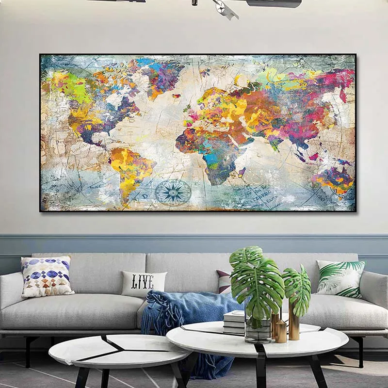 RELIABLI ART World Map Black and White Pictures Classic Style Canvas Paintings Modern Home Wall Decoration Posters Frameless