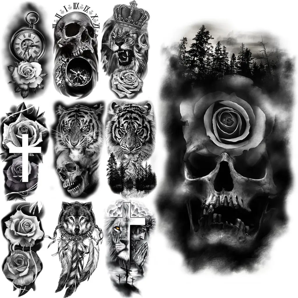 Black Skull Forest Temporary Tattoos For Adults Men Realistic Lion Wolf  Flower Cross Tiger Fake Tattoo Sticker Arm Leg Tatoos|Temporary Tattoos| -  AliExpress