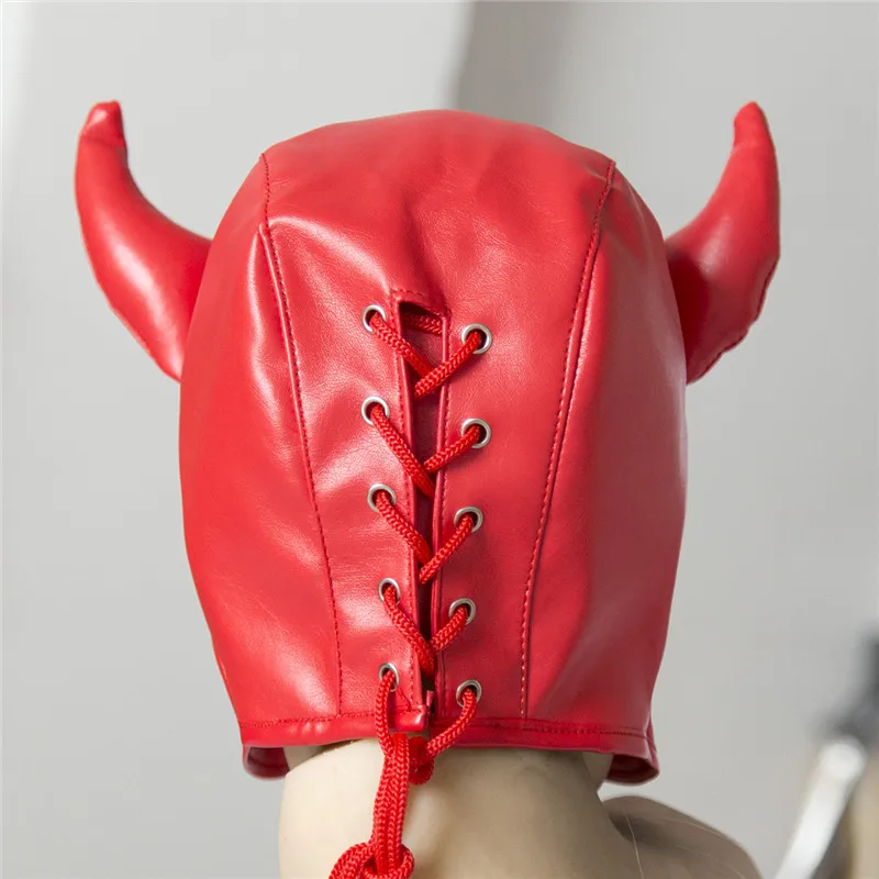 Аниме Косплей латексная маска сексуальная кожа половина лица маска с быком Рог БДСМ секс маска для косплея Маскировка женщина ролевые игры
