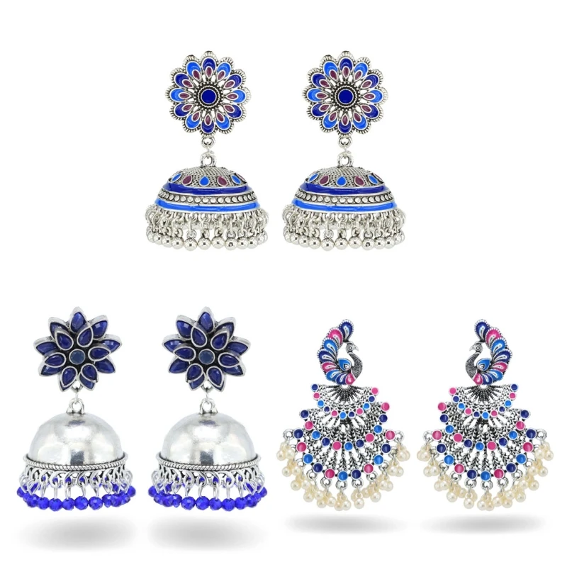 

3 Pairs Vintage Ethnic Peacock Flower Design Blue Indian Drop Earrings Indian Oxidized Tribal Earrings Jewelry for Women