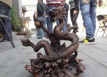 

zmru wholesale factory 14" Chinese Pure Bronze Zodiac Animal Sculpture Wealth Fly Dragon Ball Statue 25% off
