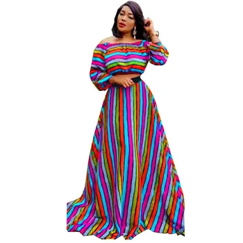 

Autumn African Dresses For Women 2019 News Fashion Robe Long Dress Stripe Print Bazin Vestidos Dashiki Party African Clothes