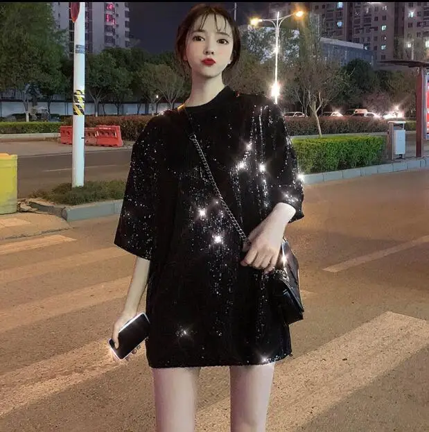 Летние женские футболки, Япония, Ulzzang, милая Повседневная Свободная футболка с коротким рукавом и пайетками, женский милый топ Ins, шикарный Топ для женщин, туника - Цвет: Черный