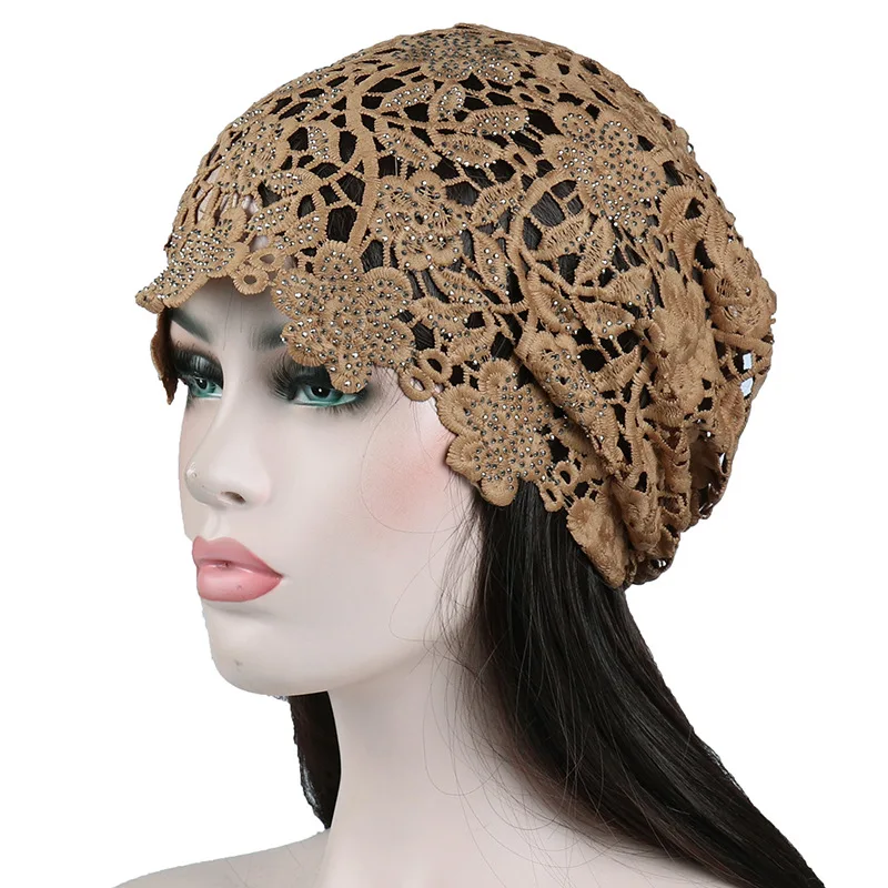 Spring Summer Hats For Women Lace Hollowed Crochet Flower Thin Beanies Skullies Ladies Headgear Turban Hat 3