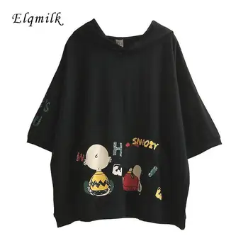 

Women T-shirt Summer 2020 New Large Size Artistic Hooded Top Pockets Cartoon Printed Loose Short Sleeve Women's Tees Fashion