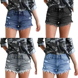 2022 nova mulher verão cintura alta rasgado shorts jeans moda elástica borla denim shorts sexy shorts magros S 2XL drop ship