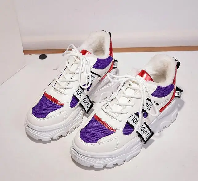 Purple plus cotton Г., новые весенние кожаные женские кроссовки на платформе модные женские туфли на плоской толстой подошве женская обувь для папы - Цвет: Purple plus cotton