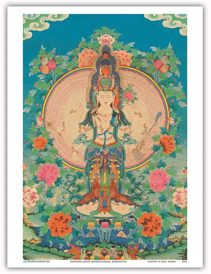 Тысячеарные Авалокитешвара Бодхисаттва-винтажная Тибетский тангка буддийская