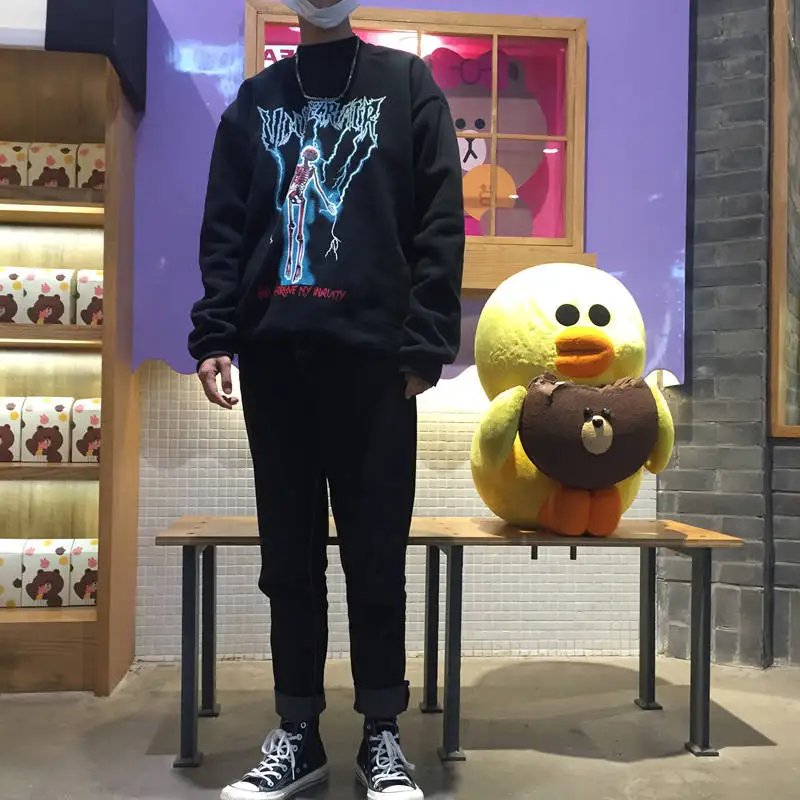 Woherb японский Harajuku Черный свитшот с буквенным принтом толстовки повседневные свободные топы пуловеры модная новая уличная одежда