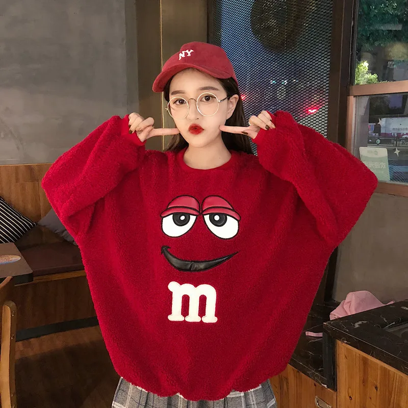 Cartoon Plush Hoodie New Style Women's Autumn And Winter Korean-style Loose-Fit Students Thick Embroidery Warm fang yang gao Swe