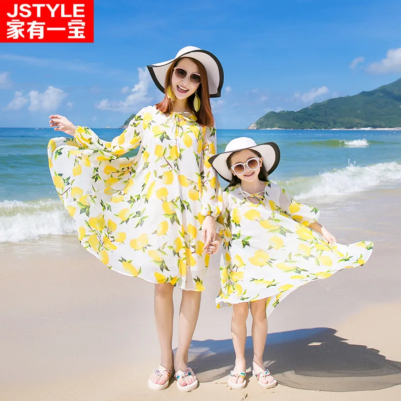Одинаковая одежда для мамы и дочки летнее повседневное шифоновое платье с цветочным рисунком пляжные длинные юбки женское платье для