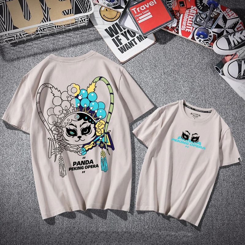 

Harajuku Cute Panda Beijing Opera Cartoon Print t-Shirt Chinese Style Oversized Loose Streetwear Hip Hop Casual Cotton Man Top