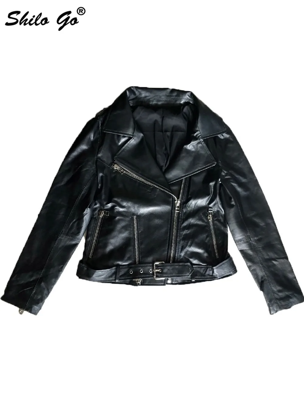 Genuine Leather Jacket Moto Notched Neck Buckle Betled Black Jacket Coats Women Autumn Casual Highstreet Long Sleeve Fit Outwear