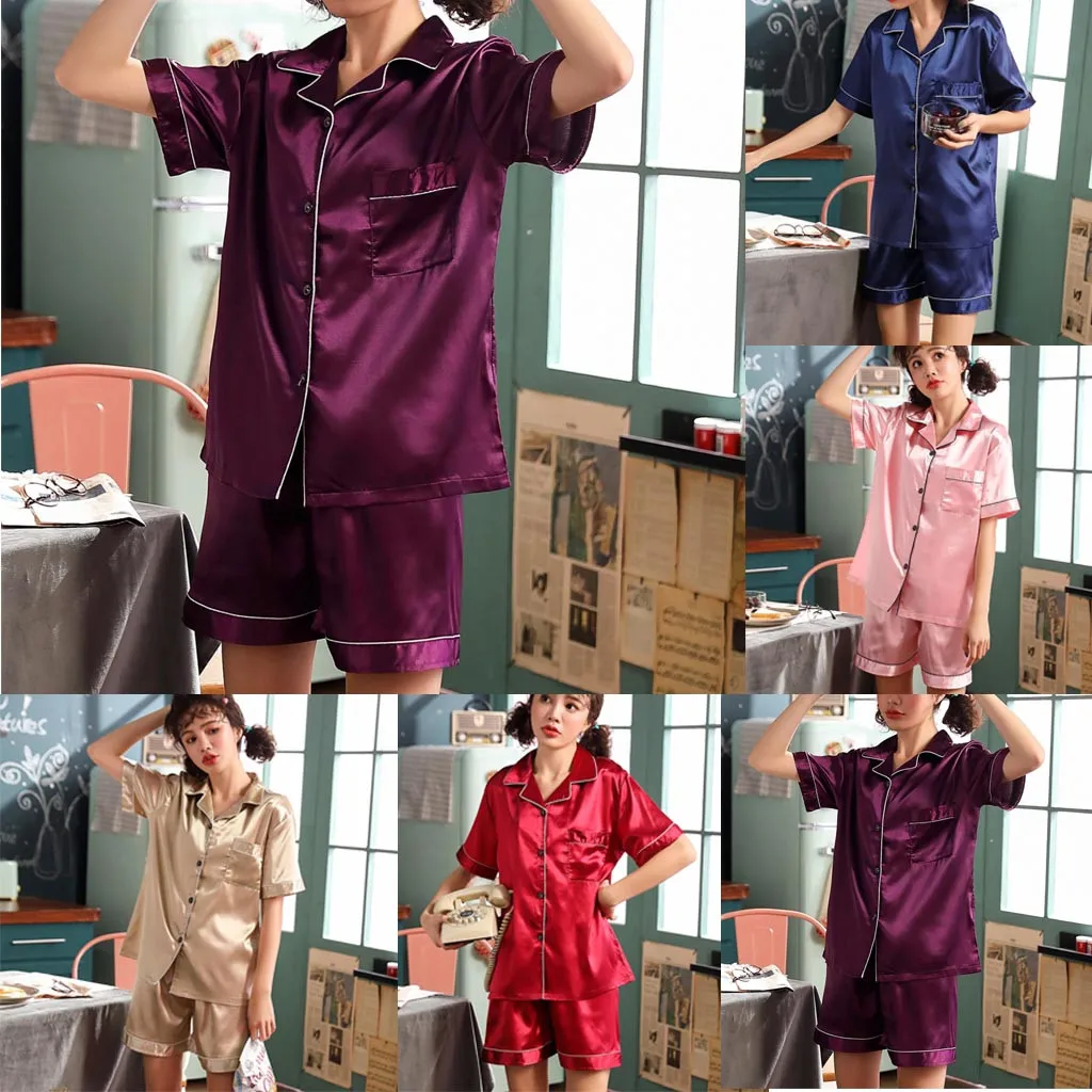 Short Sleeve Silk Pajamas Spring Women Summer Pajama Sets Silk Pijama Sleepwear Pyjamas Plus Size Nightwear Set пижама женская#D