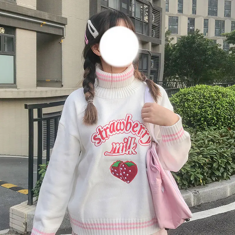 Cute Strawberry Embroidered Loose Sweater Women's Sweaters Japanese Kawaii Ulzzang Female Korean Harajuku Clothing For Women
