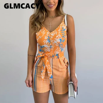 

Women Tropical Print Knotted Design Romper Playsuits Sleeveless Casual Summer Holiday Beach Jumpsuits One Piece Rompers Monos