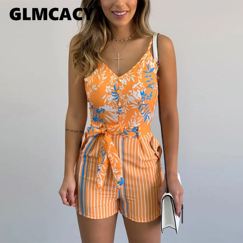 Women Tropical Print Knotted Design Romper Playsuits Sleeveless Casual Summer Holiday Beach Jumpsuits One Piece Rompers Monos