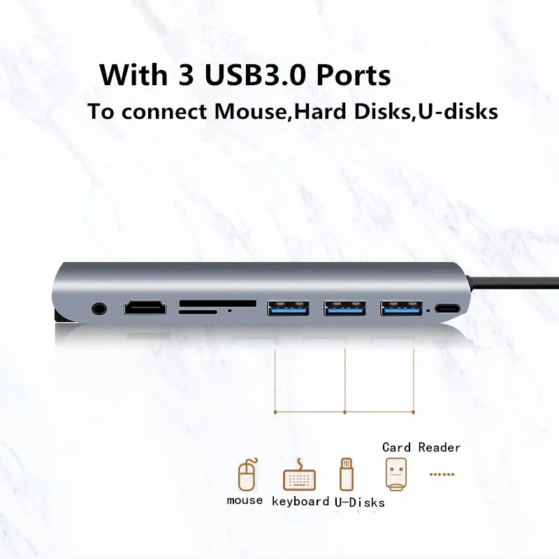 USB C концентратор тип-c к HDMI 4K VGA USB3.0X3 концентратор TF SD слот USB-C PD аудио Женский Портативный 9в1 адаптер для Macbook Pro