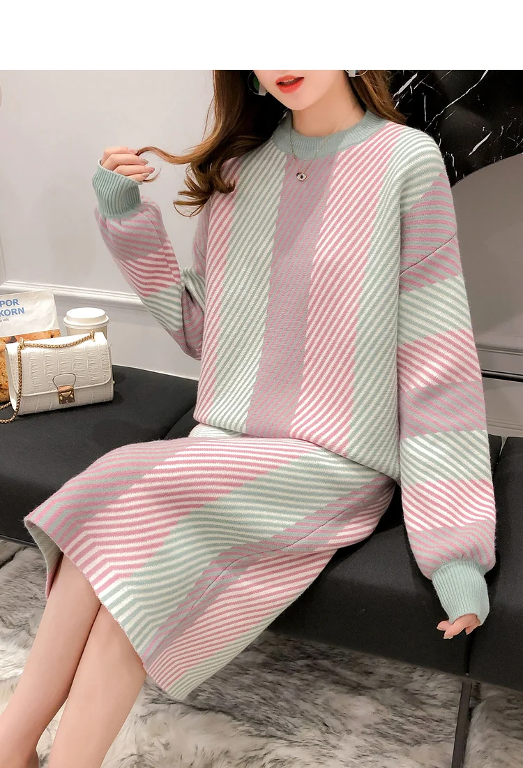 BLLOCUE Elegant Ladies Striped Sweater Jumpers+Skirt 2 Piece Set Women Fashion Loose Long Sleeve Knitted Pullovers Skirt Suits