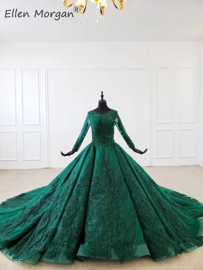 Dark Green Long Sleeves Bridal Gowns 