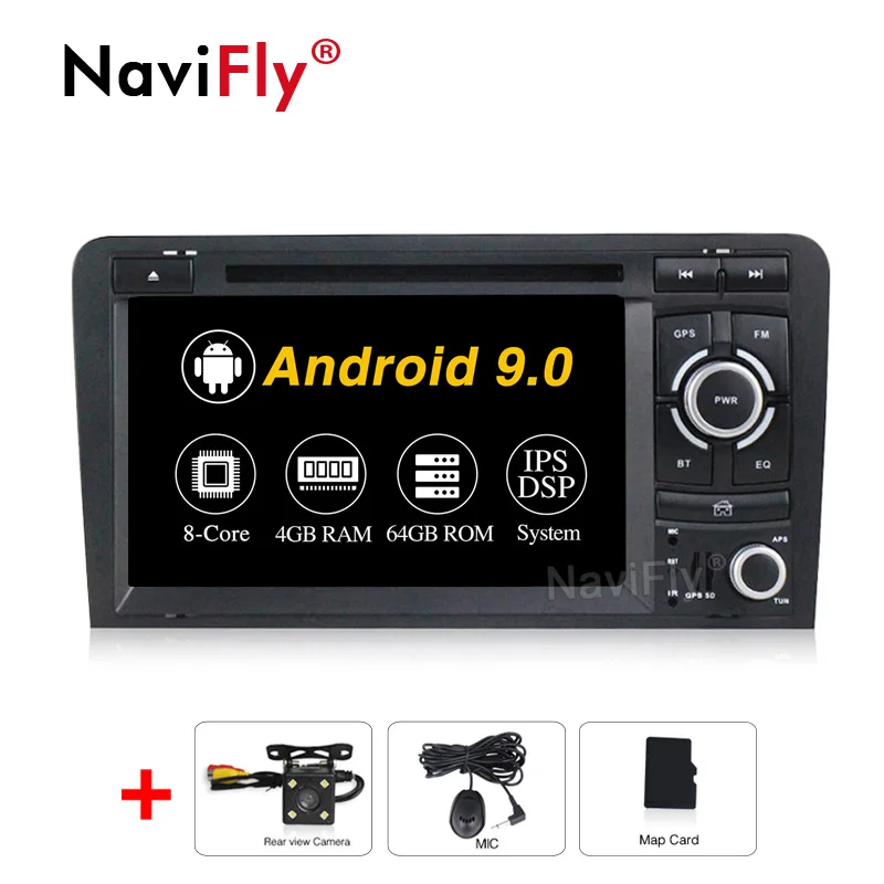 NaviFly авто навигации gps ips DSP Android 9 Автомобильный dvd плеер для автомобиля Audi A3 8 P/A3 8P1 3-дверей/S3 8 P/RS3 Sportback - Цвет: 4GB-64GB-Camera