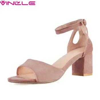 

VINLLE 2020 Flock Cut Outs Fashion Buckle Ladies Shoes Square High Heel Sandals Open-toed Summer Women Pumps Big Size 34-43