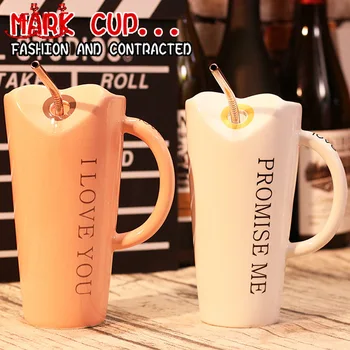 

FSILE 550ml Black White Red Creative Double Water Cup Large Capacity with Spoon Straw Ceramic Ins Mug Simple Couple Student Cup