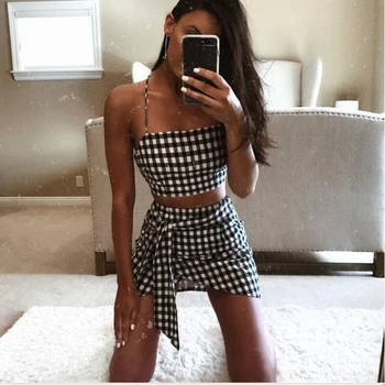 

Fashion Women checkerboard 2 Piece Set Bodycon Skirt Crop Top off shoulder Tank Summer two piece set Bandge gingham Mini Skirt