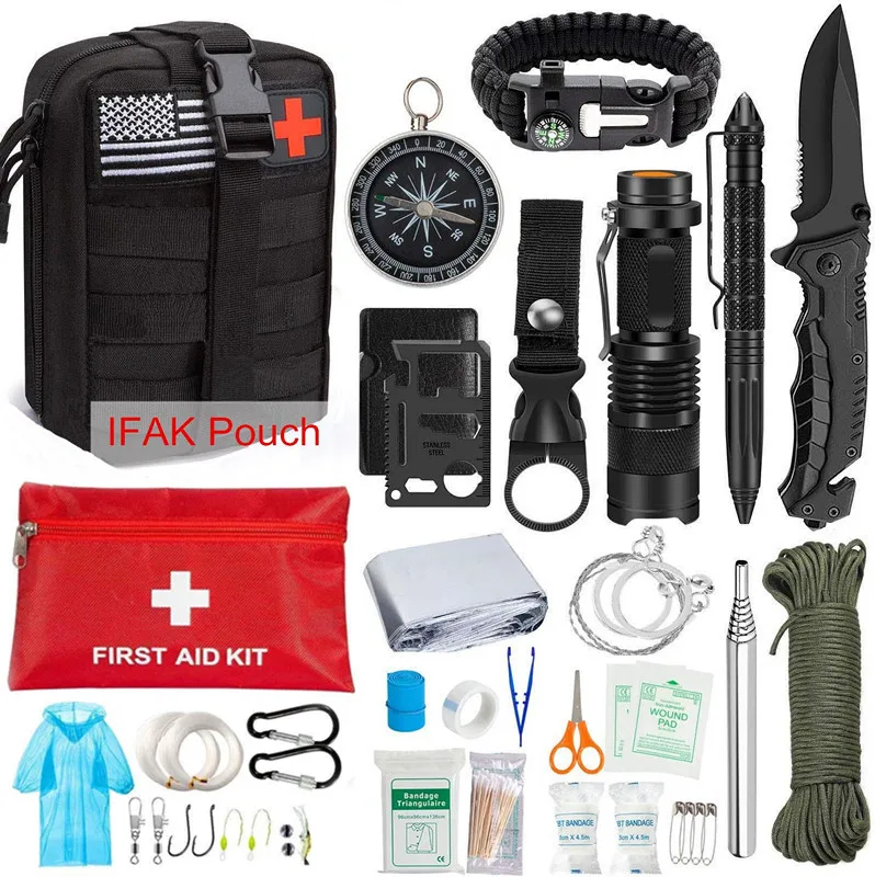 

Outdoor Survival Kit Set Military Camping Tools Tactical Molle IFAK Pouch Emergency First Aid Survival Wristband Whistle Knife
