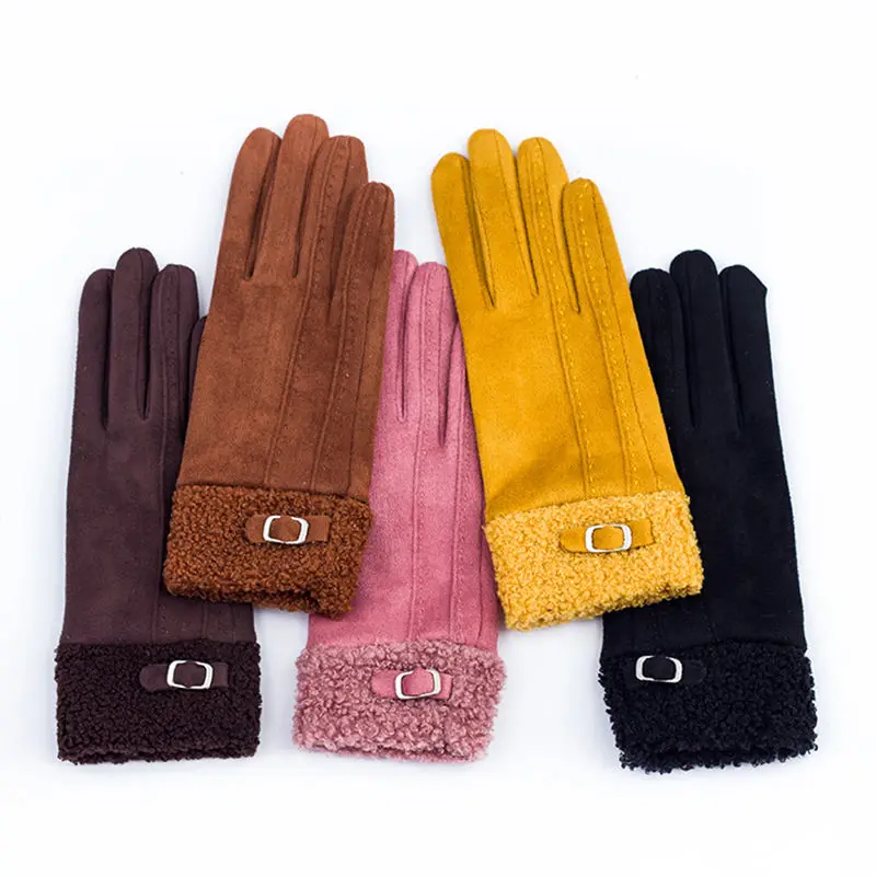 Winter Suede Leather Internal Plush Thicken Touch Screen Driving Gloves Woman's Outdoor Riding Belt Embroidery Warm Gloves R28