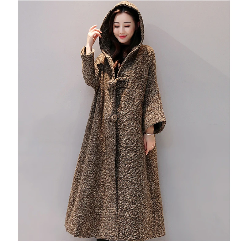 Autumn Winter Wear New Women's National Wind Long-Sleeved Windbreaker Thick Coat Large Size Long Hooded Cardigan H00929 | Женская