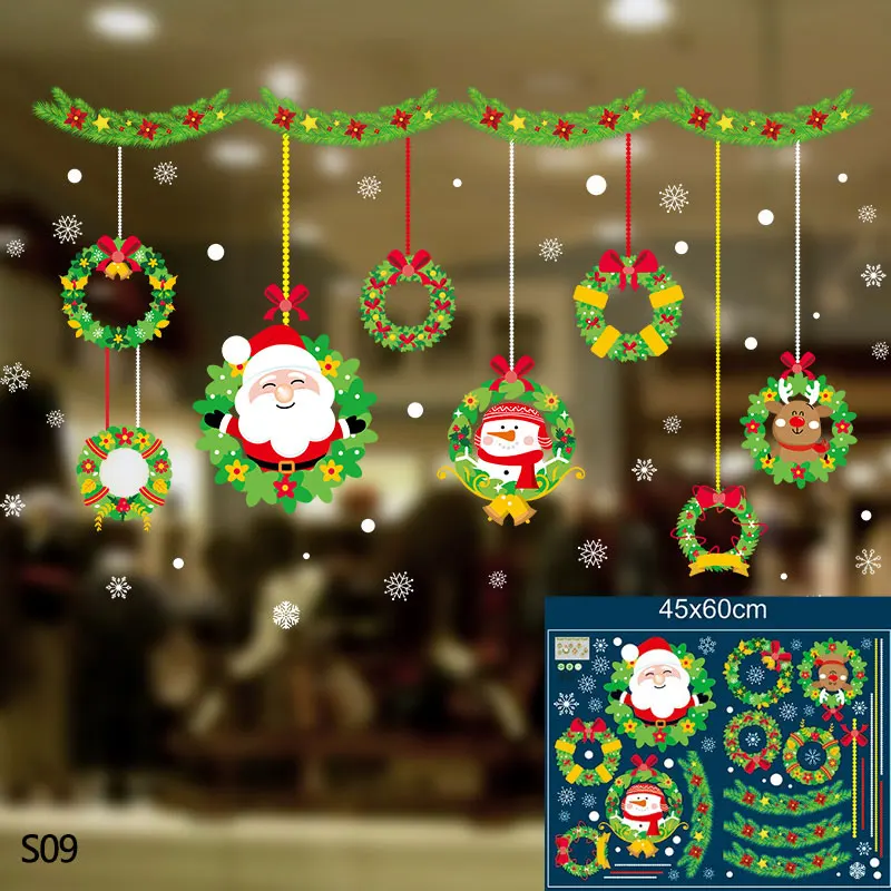 S09 wreath Санта-Клаус, снеговик, Рождественская елка, Веселый Рождественский стикер на стену для DIY, украшение детской комнаты, оконная витрина, стеклянная наклейка для декора - Цвет: S09 wreath
