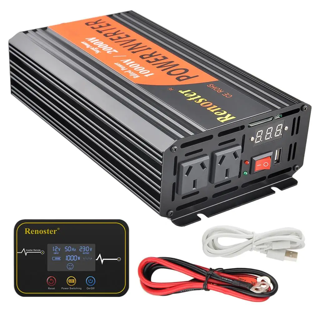 

Wireless Inverter charger 1000/2000W Solar Converter pure Sine Wave Power Inverter 12V dc to 110V ac with LCD for Display Car