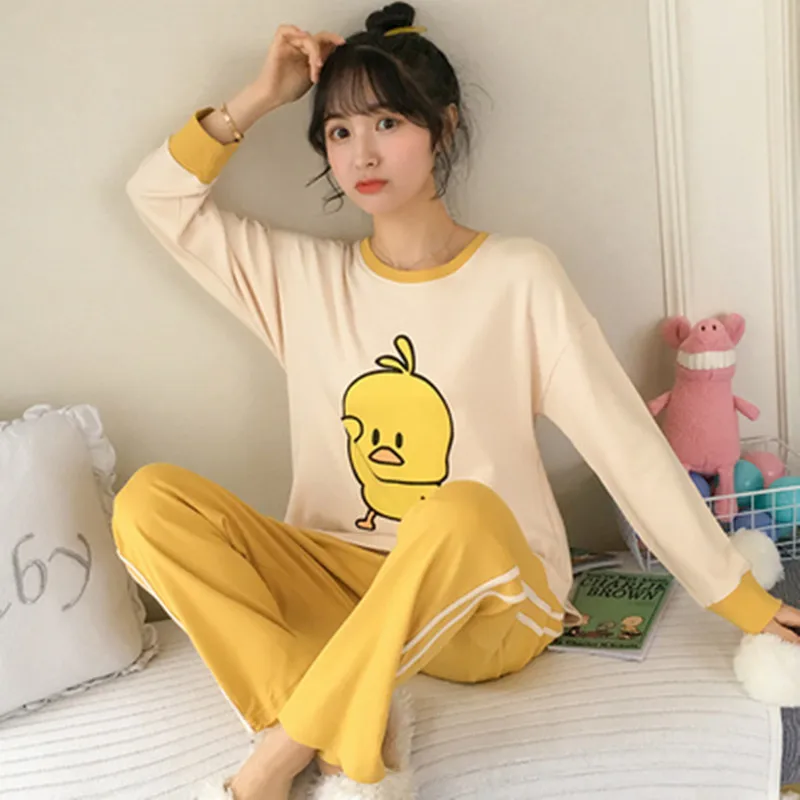 

Free shippi Pajama girl spring autumn lovely duck long sleeve cotton student two piece set large size Korean version home pajama