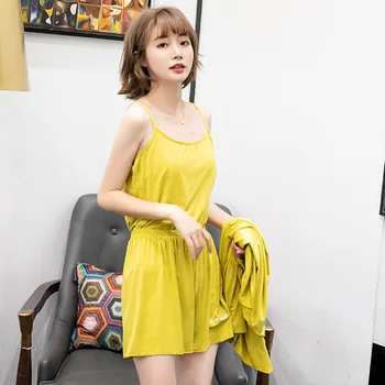 

New women's home service silk ice home four-piece suit spring and summer sexy and comfortable hanging net pajamas home service