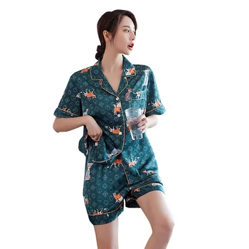 

Fiklyc Pajamas Women Printing Summer Ice Silk Thin Section Loose Casual Cartoon Short Sleeve Two-Piece Suit Home Service