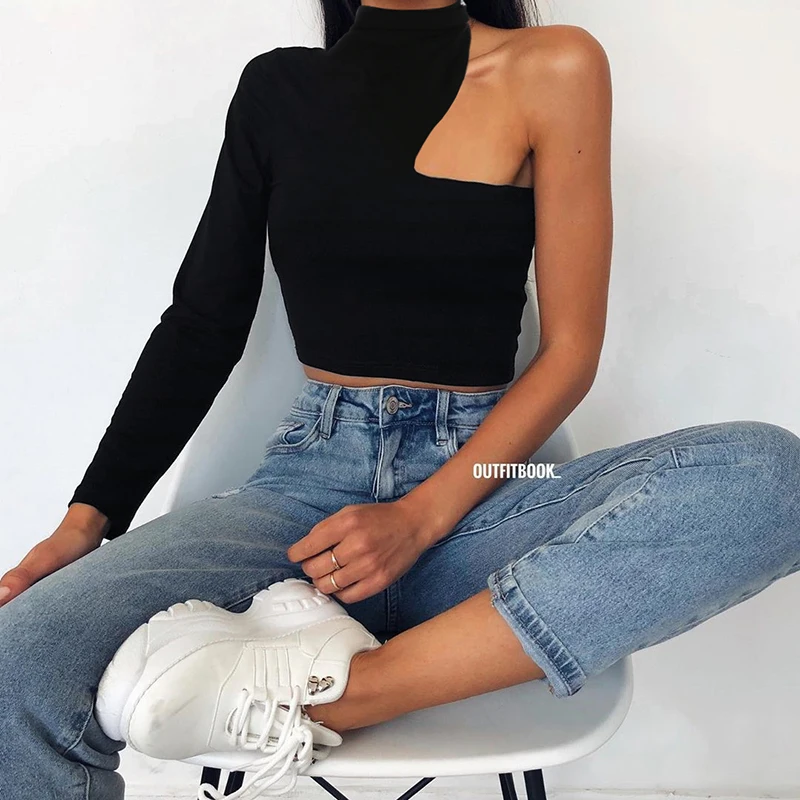 IAMHOTTY, на одно плечо, верхняя линия, светоотражающая, женская футболка, тонкая, одноцветная, с длинным рукавом, укороченный топ, новая мода, уличная одежда, футболка для женщин