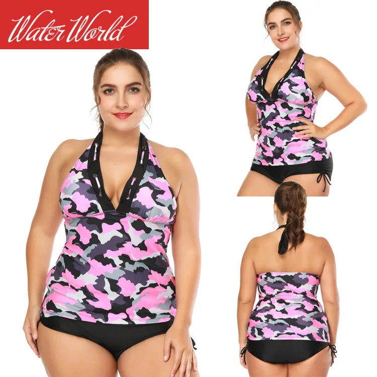 

2019 New Style Europe And America Camouflage Large Size Split Type Two-Piece Bathing Suit Rivet Bikini Fat Bikini