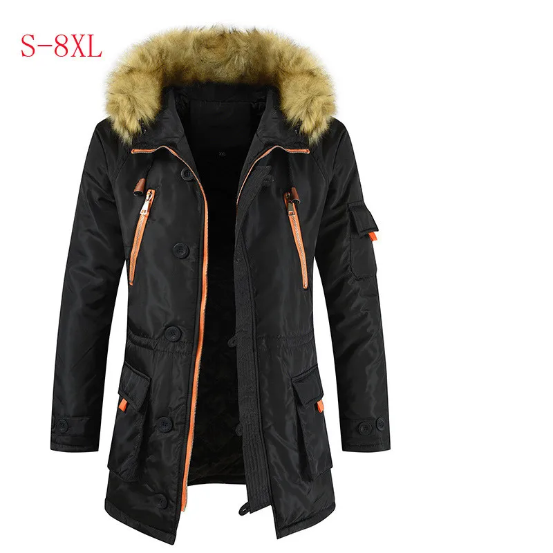 Winter Jacket Men Parka Fur Hooded Quilted Padded Wadded Windbreaker Warm Male Zipper Outward Plus Size 8xl Parkas Overcoat - Цвет: black