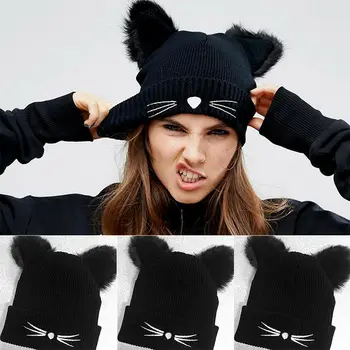 

Unisex Men Women Winter Cute Cat Ear Warm Knitted Beanie Crochet Braided Knit Ski Wool Skullies Hat Cap Knitted Beanies Black